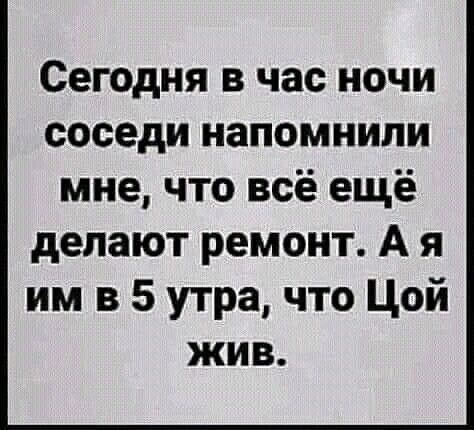 Сегодня в час ночи соседи напомнили мне, что всё ещё делают ремонт. А я им в 5 утра, что Цой жив.