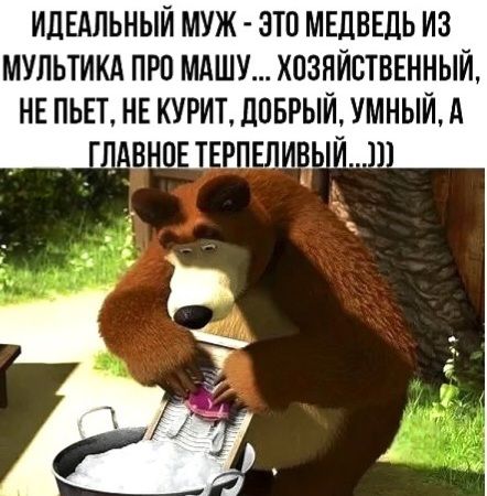 Идеальный муж - это медведь из мультиках про Машу... Хозяйственный, не пьет, не курит, добрый, умный, а главное терпеливый...)))