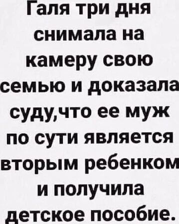 Галя три дня снимала на камеру свою семью и доказала суду, что ее муж по сути является вторым ребенком и получила детское пособие.