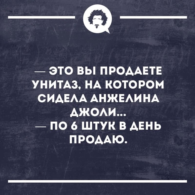 — ЭТО ВЫ ПРОДАЕТЕ УНИТАЗ, НА КОТОРОМ СИДЕЛА АНЖЕЛИНА ДЖОЛИ... — ПО 6 ШТУК В ДЕНЬ ПРОДАЮ.