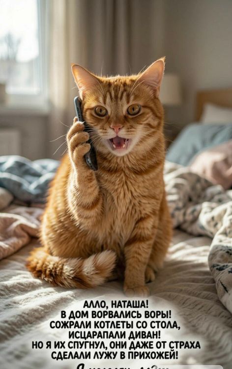 АЛЛО, НАТАША! В ДОМ ВОРВАЛИСЬ ВОРЫ! СОЖРАЛИ КОТЛЕТЫ СО СТОЛА, ИСЦАРАПАЛИ ДИВАН! НО Я ИХ СПУГНУЛ, ОНИ ДАЖЕ ОТ СТРАХА СДЕЛАЛИ ЛУЖУ В ПРИХОЖЕЙ!