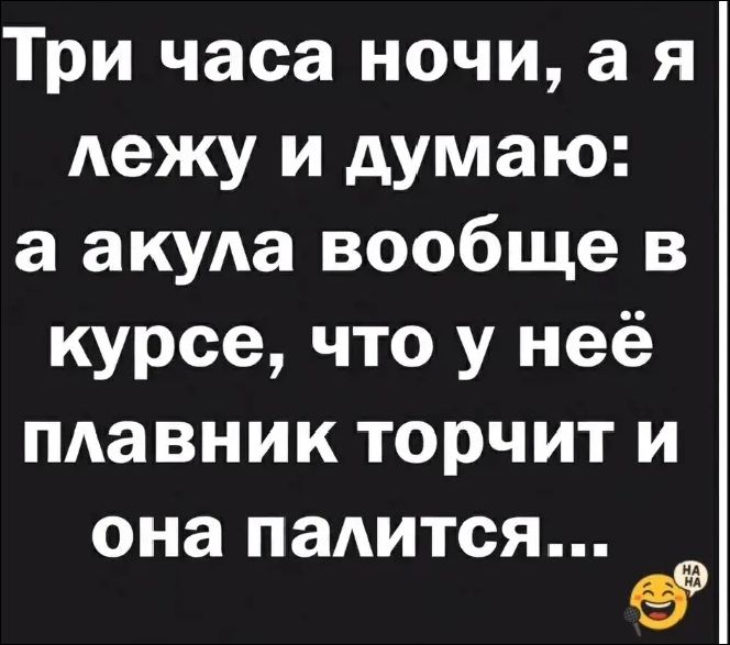 Три часа ночи, а я лежу и думаю: а акула вообще в курсе, что у неё плавник торчит и она палится...