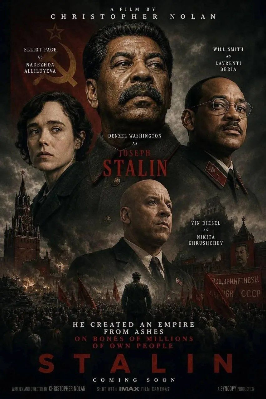 A FILM BY CHRISTOPHER NOLAN ELLIOT PAGE AS NADEZHDA ALLILUYEVA DENZEL WASHINGTON AS JOSEPH STALIN WILL SMITH AS LAVRENTI BERIA VIN DIESEL AS NIKITA KHRUSHCHEV HE CREATED AN EMPIRE FROM ASHES ON BONES OF MILLIONS OF OWN PEOPLE STALIN COMING SOON WRITTEN AND DIRECTED BY CHRISTOPHER NOLAN SHOT WITH IMAX FILM CAMERAS A SYNCOPY PRODUCTION