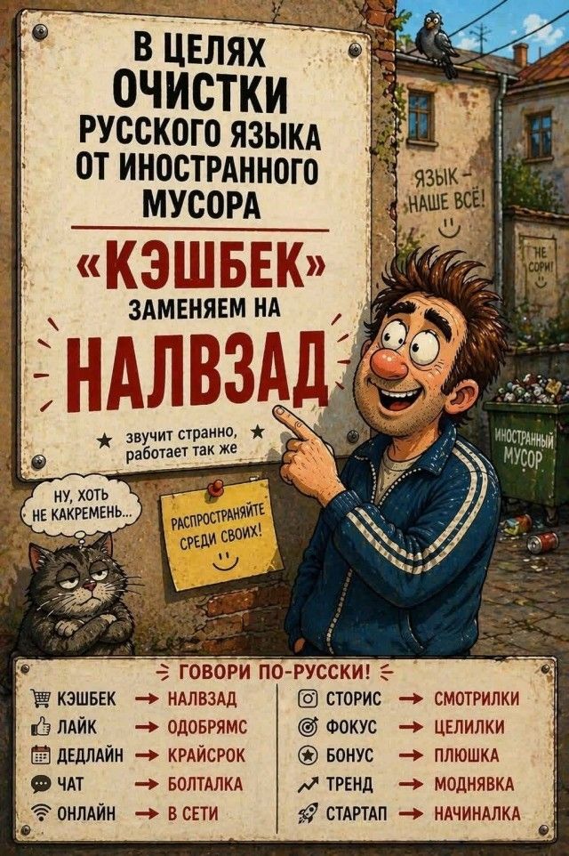 В ЦЕЛЯХ ОЧИСТКИ РУССКОГО ЯЗЫКА ОТ ИНОСТРАННОГО МУСОРА «КЭШБЕК» ЗАМЕНЯЕМ НА НАЛВЗАД ЗВУЧИТ СТРАННО, РАБОТАЕТ ТАК ЖЕ НУ, ХОТЬ НЕ КАКРЕМЕНЬ... РАСПРОСТРАНЯЙТЕ СРЕДИ СВОИХ! ЯЗЫК – НАШЕ ВСЁ! НЕ СОРИ! ИНОСТРАННЫЙ МУСОР ГОВОРИ ПО-РУССКИ! КЭШБЕК → НАЛВЗАД ЛАЙК → ОДОБРЯМС ДЕДЛАЙН → КРАЙСРОК ЧАТ → БОЛТАЛКА ОНЛАЙН → В СЕТИ СТОРИС → СМОТРИЛКИ ФОКУС → ЦЕЛИЛКИ