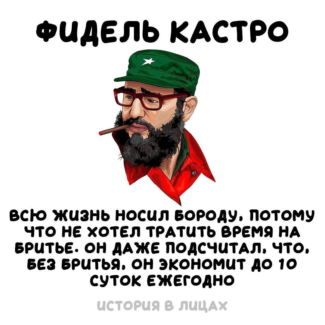 ФИДЕЛЬ КАСТРО. Всю жизнь носил бороду, потому что не хотел тратить время на бритье. Он даже подсчитал, что, без бритья, он экономит до 10 суток ежегодно. ИСТОРИЯ В ЛИЦАХ