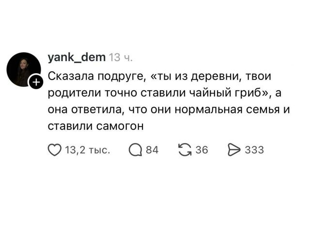 yank_dem 13 ч. Сказала подруге, «ты из деревни, твои родители точно ставили чайный гриб», а она ответила, что они нормальная семья и ставили самогон 13,2 тыс. 84 36 333