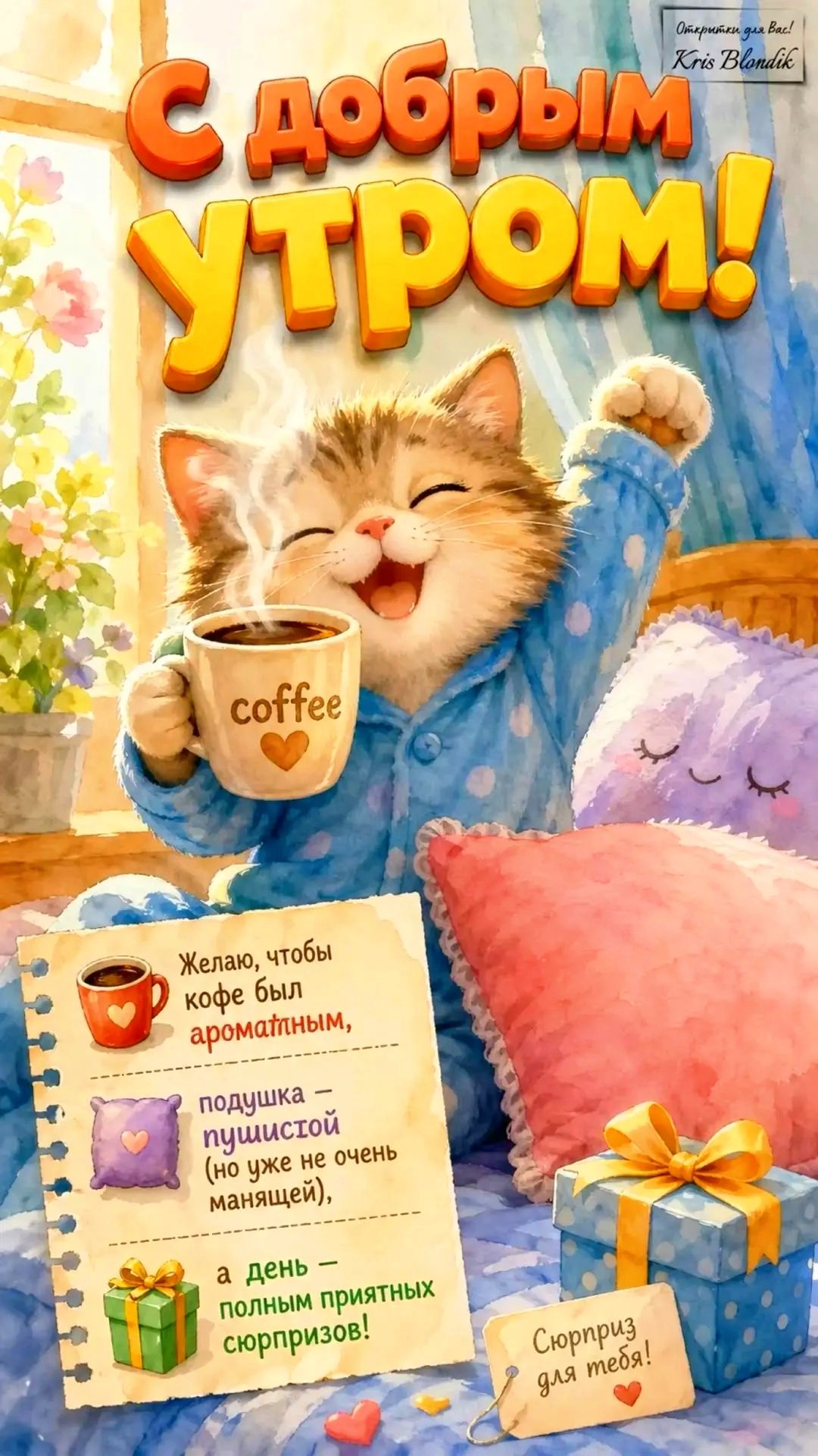 С добрым утром! Открытки для Вас! Kris Blondik. coffee. Желаю, чтобы кофе был ароматным, подушка – пушистой (но уже не очень манящей), а день – полным приятных сюрпризов! Сюрприз для тебя!