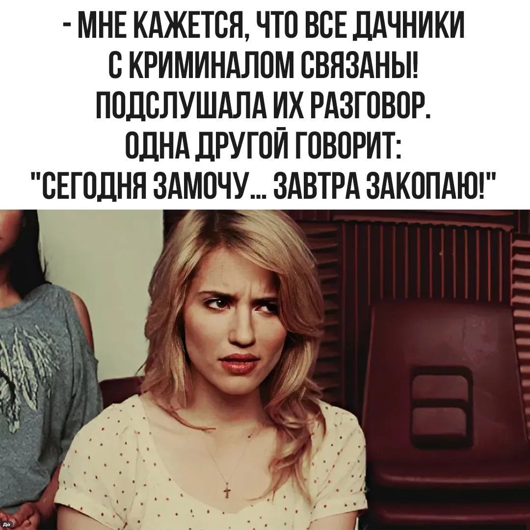 - МНЕ КАЖЕТСЯ, ЧТО ВСЕ ДАЧНИКИ С КРИМИНАЛОМ СВЯЗАНЫ! ПОДСЛУШАЛА ИХ РАЗГОВОР. ОДНА ДРУГОЙ ГОВОРИТ: 