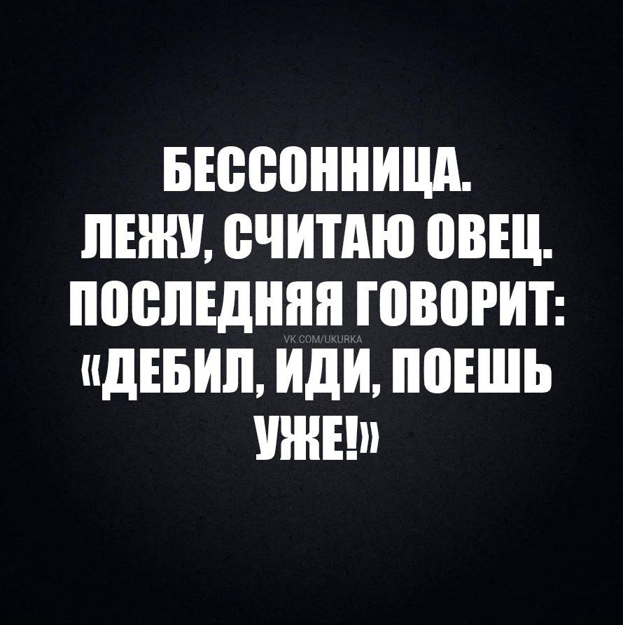 БЕССОННИЦА. ЛЕЖУ, СЧИТАЮ ОВЕЦ. ПОСЛЕДНЯЯ ГОВОРИТ: «ДЕБИЛ, ИДИ, ПОЕШЬ УЖЕ!»