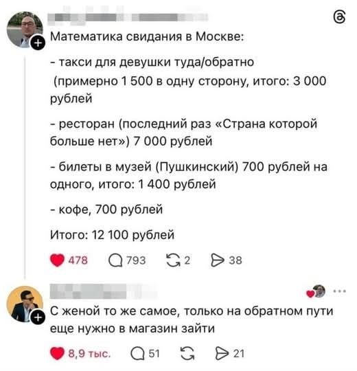 Математика свидания в Москве:
- такси для девушки туда/обратно (примерно 1 500 в одну сторону, итого: 3 000 рублей
- ресторан (последний раз «Страна которой больше нет») 7 000 рублей
- билеты в музей (Пушкинский) 700 рублей на одного, итого: 1 400 рублей
- кофе, 700 рублей
Итого: 12 100 рублей
С женой то же самое, только на обратном пути еще нужно