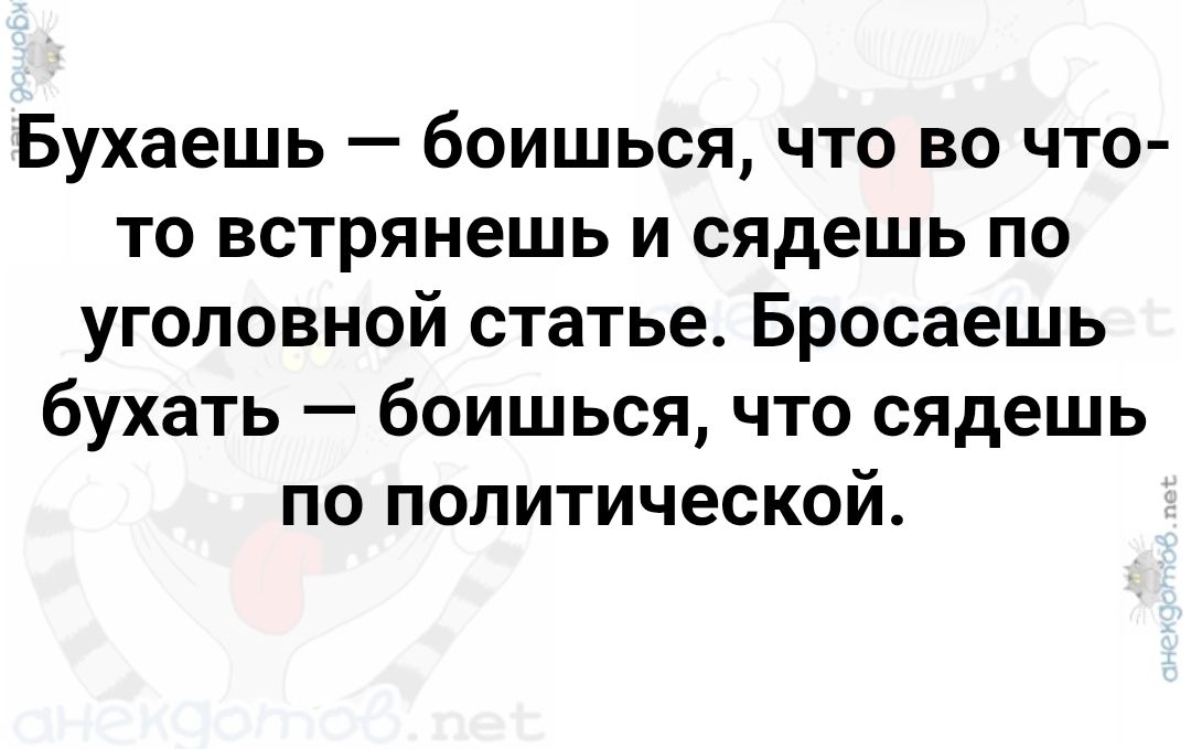 Бухаешь — боишься, что во что-то встрянешь и сядешь по уголовной статье. Бросаешь бухать — боишься, что сядешь по политической.