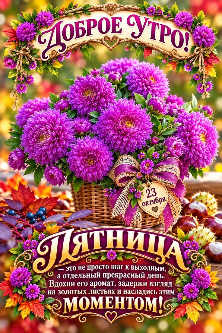 Доброе утро! 23 октября Пятница — это не просто шаг к выходным, а отдельный прекрасный день. Вдохни его аромат, задержи взгляд на золотых листьях и насладись этим моментом!