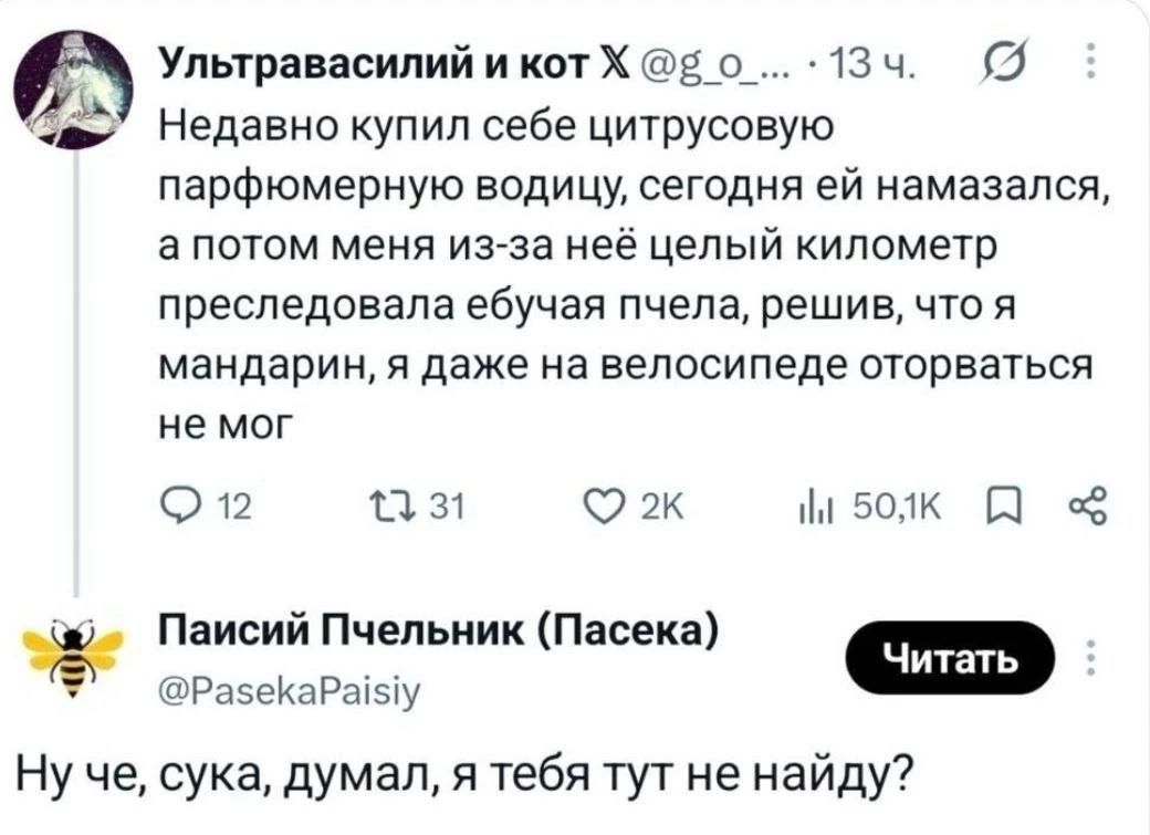 Ультравасилий и кот @g_o_... 13 ч. Недавно купил себе цитрусовую парфюмерную водицу, сегодня ей намазался, а потом меня из-за неё целый километр преследовала ебучая пчела, решив, что я мандарин, я даже на велосипеде оторваться не мог. Паисий Пчельник (Пасека) @PasekaPaisiy Ну че, сука, думал, я тебя тут не найду?