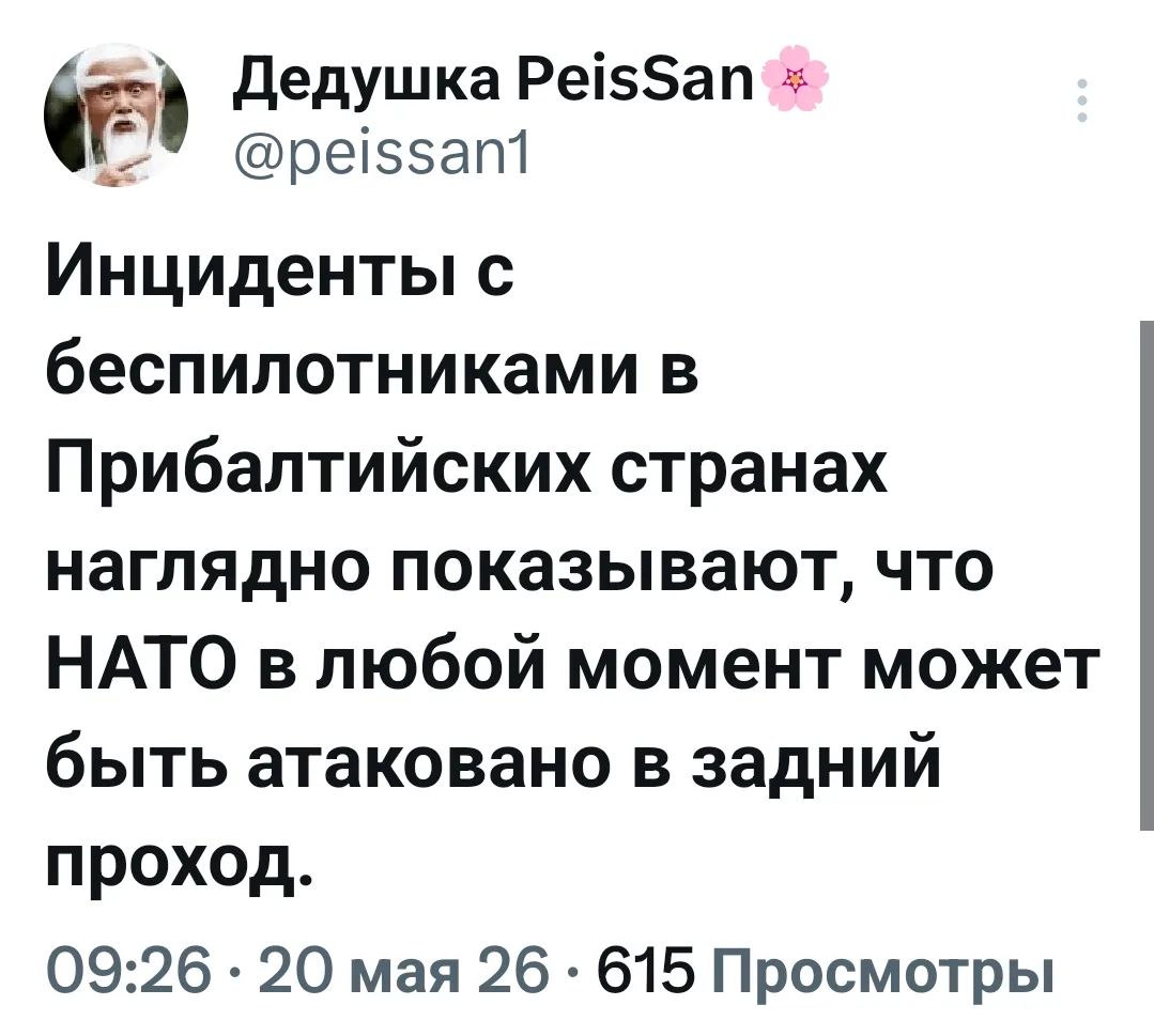Дедушка PeisSan @peissan1 Инциденты с беспилотниками в Прибалтийских странах наглядно показывают, что НАТО в любой момент может быть атаковано в задний проход. 09:26 · 20 мая 26 · 615 Просмотры