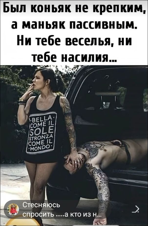 Был коньяк не крепким, а маньяк пассивным. Ни тебе веселья, ни тебе насилия... Стесняюсь спросить .....а кто из н... BELLA COME IL SOLE STRONZA COME IL MONDO