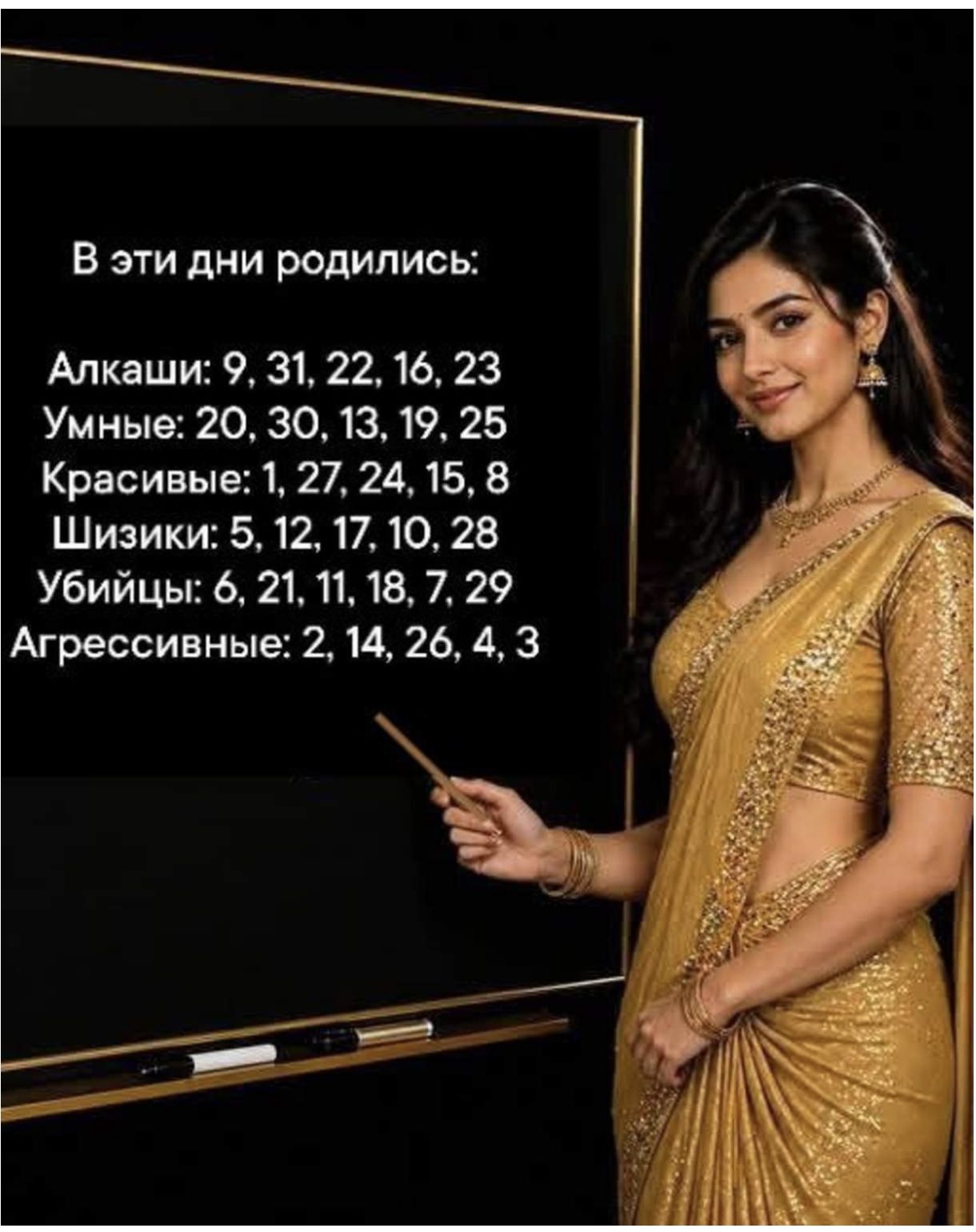В эти дни родились:
Алкаши: 9, 31, 22, 16, 23
Умные: 20, 30, 13, 19, 25
Красивые: 1, 27, 24, 15, 8
Шизики: 5, 12, 17, 10, 28
Убийцы: 6, 21, 11, 18, 7, 29
Агрессивные: 2, 14, 26, 4, 3