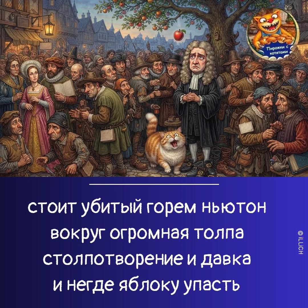 стоит убитый горем ньютон вокруг огромная толпа столпотворение и давка и негде яблоку упасть