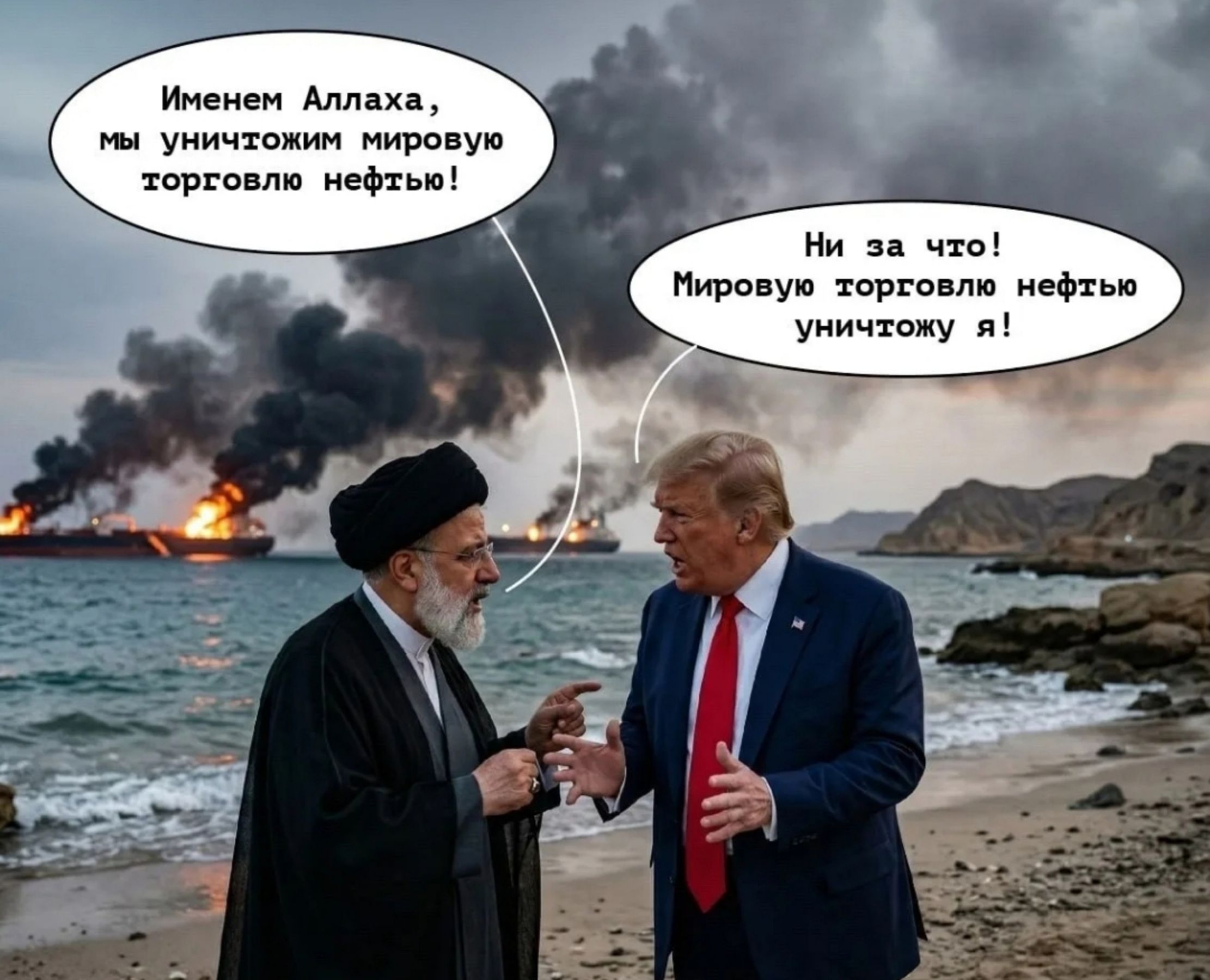 Именем Аллаха, мы уничтожим мировую торговлю нефтью! Ни за что! Мировую торговлю нефтью уничтожу я!