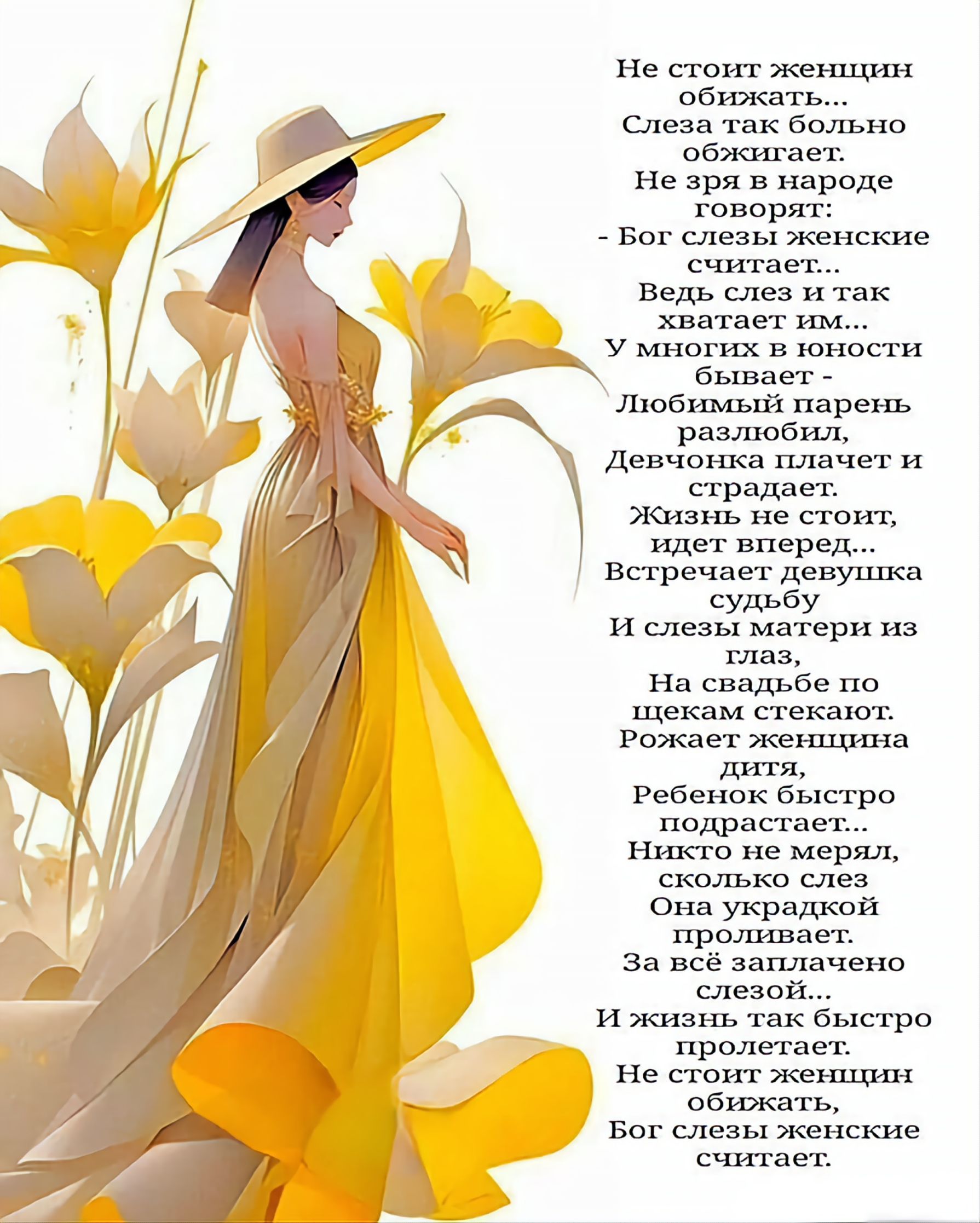 Не стоит женщин обижать...
Слеза так больно обжигает.
Не зря в народе говорят:
- Бог слезы женские считает...
Ведь слез и так хватает им...
У многих в юности бывает -
Любимый парень разлюбил,
Девчонка плачет и страдает.
Жизнь не стоит, идет вперед...
Встречает девушка судьбу
И слезы матери из глаз,
На свадьбе по щекам стекают.
Рожает женщина