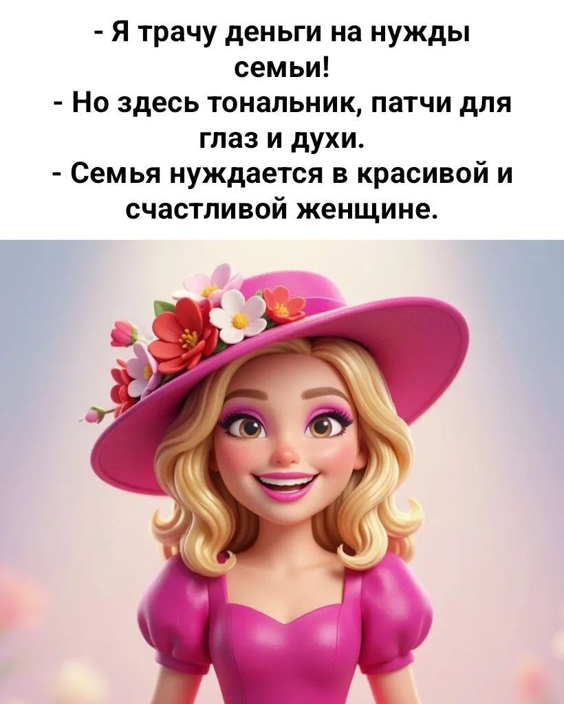 - Я трачу деньги на нужды семьи! - Но здесь тональник, патчи для глаз и духи. - Семья нуждается в красивой и счастливой женщине.
