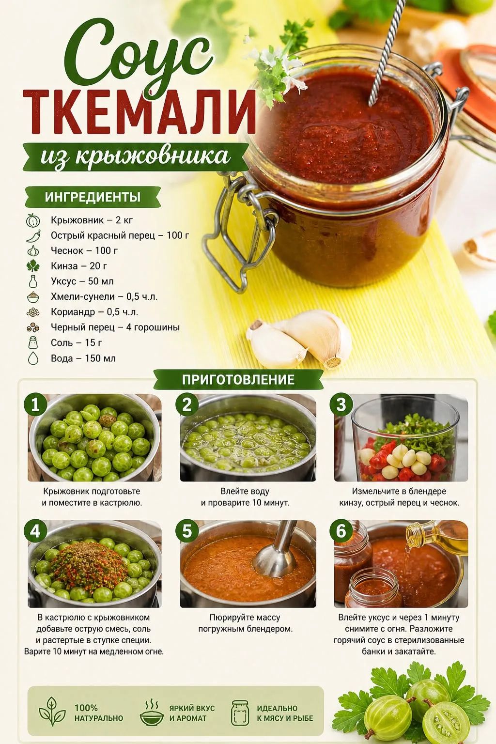 Соус ТКЕМАЛИ из крыжовника ИНГРЕДИЕНТЫ Крыжовник – 2 кг Острый красный перец – 100 г Чеснок – 100 г Кинза – 20 г Уксус – 50 мл Хмели-сунели – 0,5 ч.л. Кориандр – 0,5 ч.л. Черный перец – 4 горошины Соль – 15 г Вода – 150 мл ПРИГОТОВЛЕНИЕ 1 Крыжовник подготовьте и поместите в кастрюлю. 2 Влейте воду и проварите 10 минут. 3 Измельчите в блендере