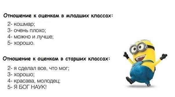 Отношение к оценкам в младших классах 2 кошмар З очень плохо 4 можно и лучше 5 хорошо Отношение к оценкам в старших классах 2 я сделал все что мог 3 хорошо 4 красава молодец 5 Я БОГ НАУК