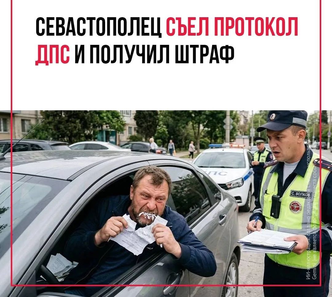СЕВАСТОПОЛЕЦ СЪЕЛ ПРОТОКОЛ ДПС И ПОЛУЧИЛ ШТРАФ ИИ-иллюстрация. Создано редакцией. Не является фотографией места событий. Gemini (не является фотографией места событий)