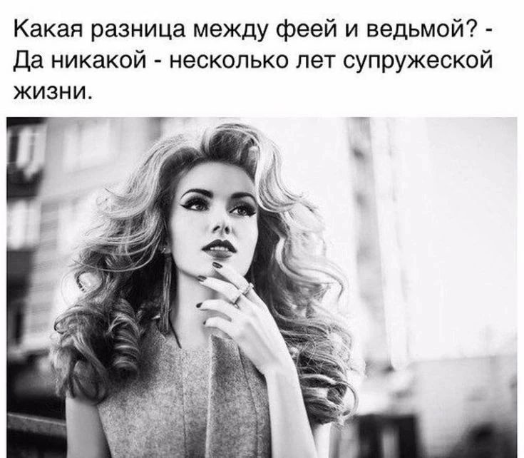 Какая разница между феей и ведьмой? - Да никакой - несколько лет супружеской жизни.