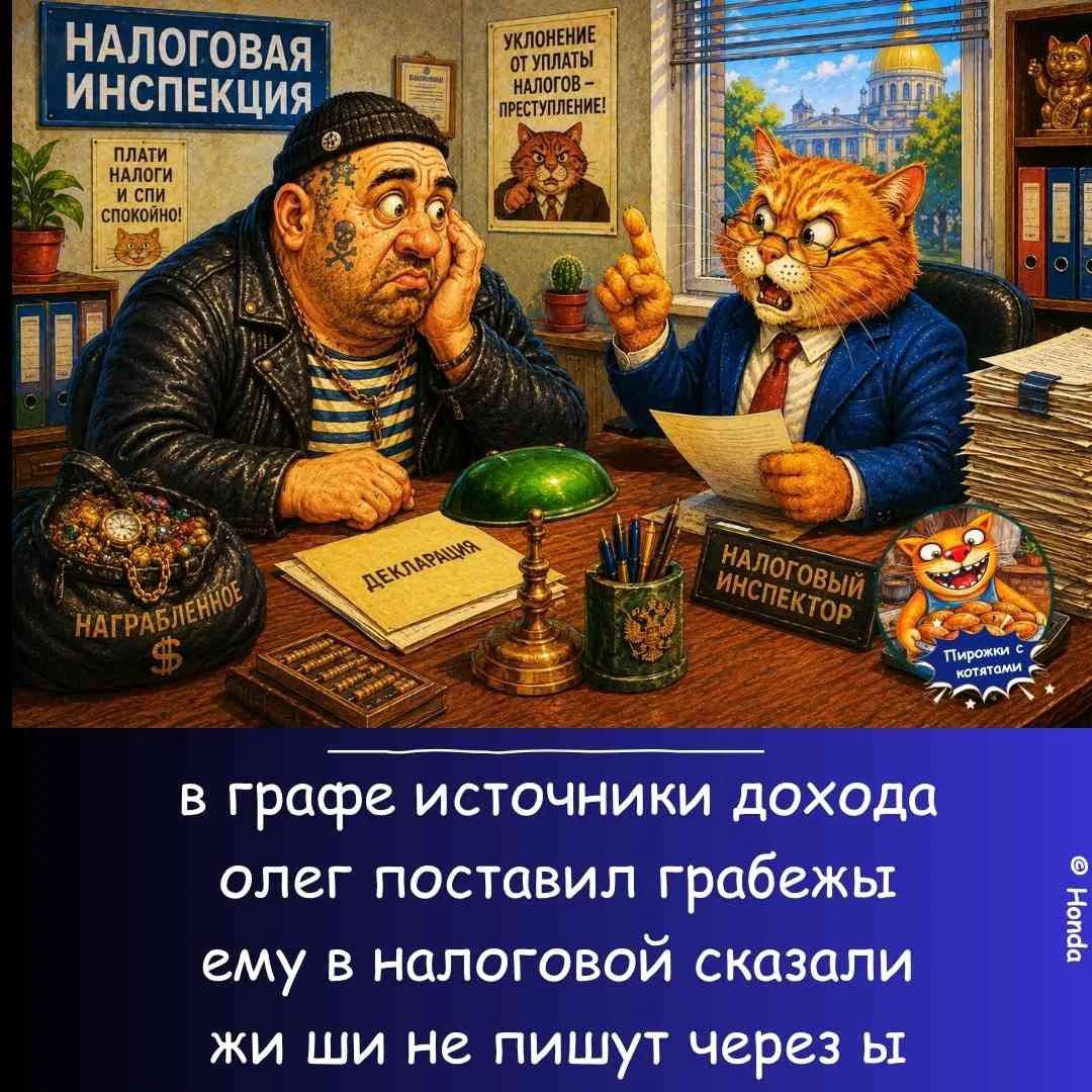 НАЛОГОВАЯ ИНСПЕКЦИЯ УКЛОНЕНИЕ ОТ УПЛАТЫ НАЛОГОВ - ПРЕСТУПЛЕНИЕ! ПЛАТИ НАЛОГИ И СПИ СПОКОЙНО! ДЕКЛАРАЦИЯ НАЛОГОВЫЙ ИНСПЕКТОР НАГРАБЛЕННОЕ $ Пирожки с котятами в графе источники дохода олег поставил грабежы ему в налоговой сказали жи ши не пишут через ы @ Honda