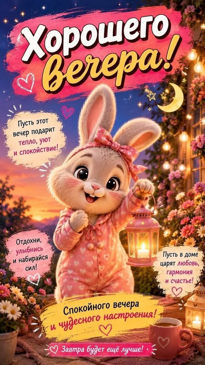 Хорошего вечера! Пусть этот вечер подарит тепло, уют и спокойствие! Отдохни, улыбнись и набирайся сил! Пусть в доме царят любовь, гармония и счастье! Спокойного вечера и чудесного настроения! Завтра будет ещё лучше!