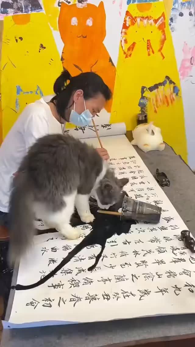 Женщина пишет каллиграфию, кот макает хвост в чернила и проводит им по свитку.
