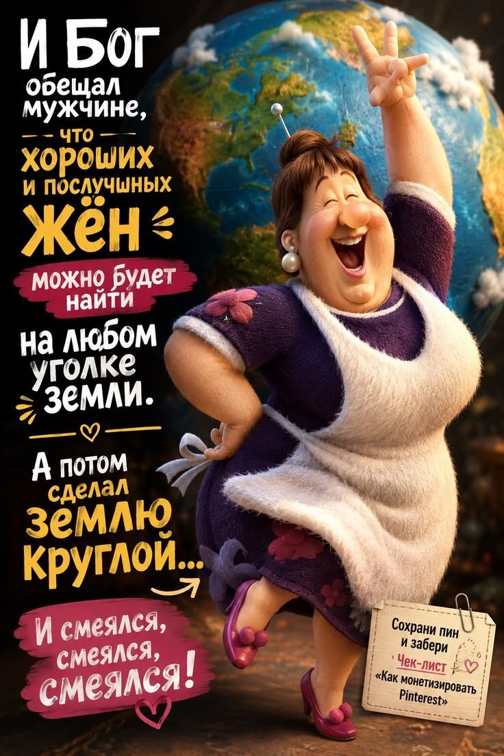 И Бог обещал мужчине, что хороших и послушных жён можно будет найти на любом уголке земли. А потом сделал землю круглой... И смеялся, смеялся, смеялся!