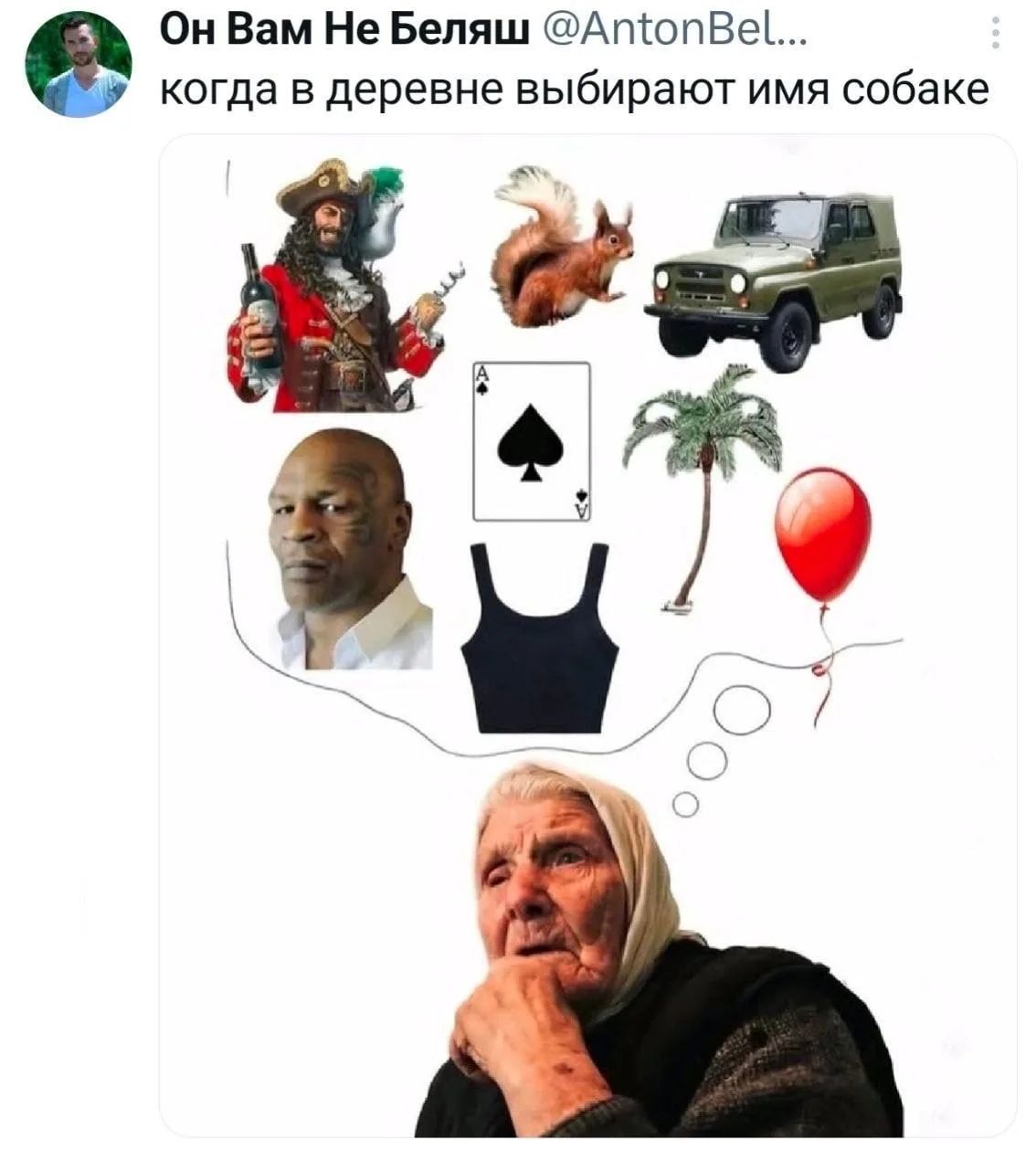 Он Вам Не Беляш @AntonBel... когда в деревне выбирают имя собаке. Пират, белка, УАЗ, Майк Тайсон, пика, топ, пальма, шарик. Старушка думает, как назвать собаку, используя эти образы.