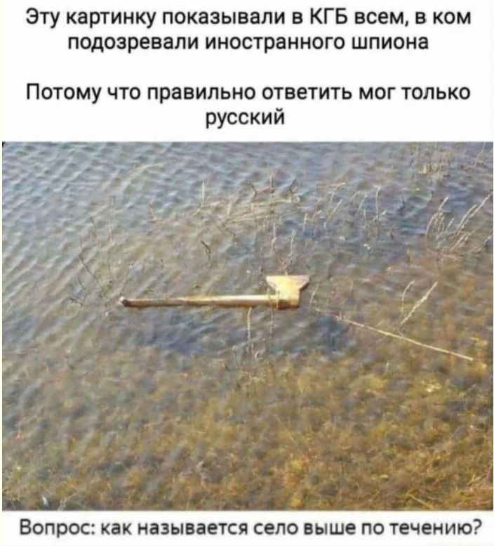 Эту картинку показывали в КГБ всем, в ком подозревали иностранного шпиона. Потому что правильно ответить мог только русский. Вопрос: как называется село выше по течению?