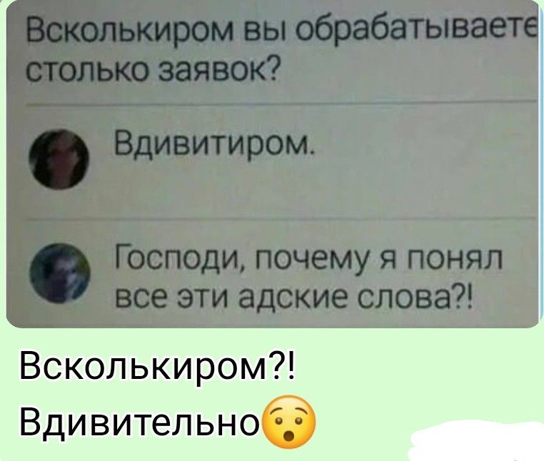 Всколькиром вы обрабатываете столько заявок? Вдивитиром. Господи, почему я понял все эти адские слова?! Всколькиром?! Вдивительно