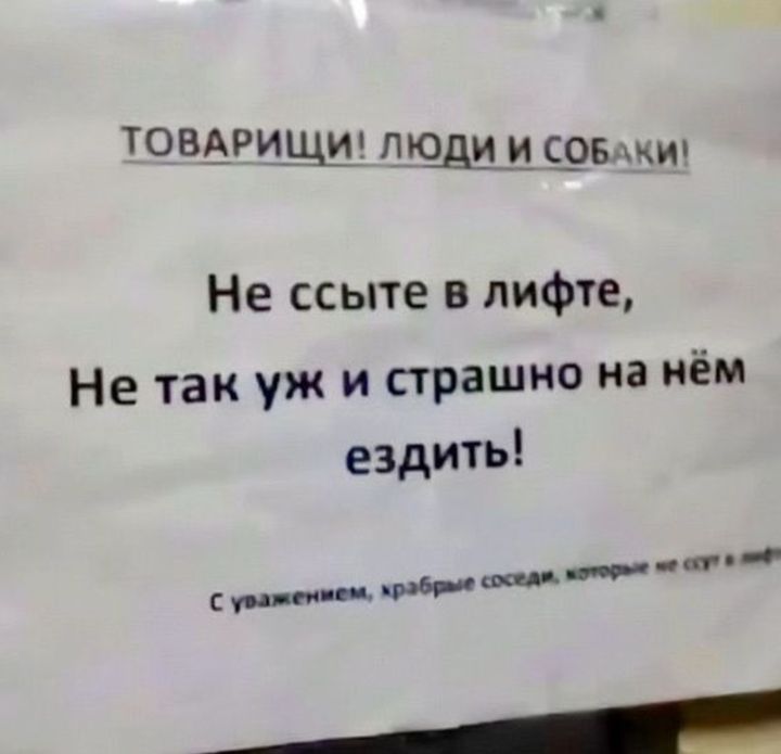 ТОВАРИЩИ! ЛЮДИ И СОБАКИ! Не ссыте в лифте, Не так уж и страшно на нём ездить! С уважением, храбрые соседи, которые не ссут в лифте