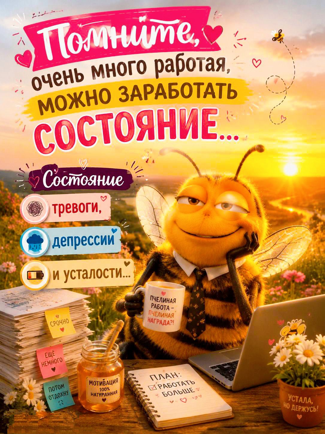 Помните, очень много работая, можно заработать СОСТОЯНИЕ... Состояние тревоги, депрессий и усталости... ПЧЕЛИНАЯ РАБОТА - ПЧЕЛИНАЯ НАГРАДА?! СРОЧНО ЕЩЕ НЕМНОГО ПОТОМ ОТДОХНУ МОТИВАЦИЯ 100% НАТУРАЛЬНАЯ ПЛАН: РАБОТАТЬ БОЛЬШЕ УСТАЛА, НО ДЕРЖУСЬ!