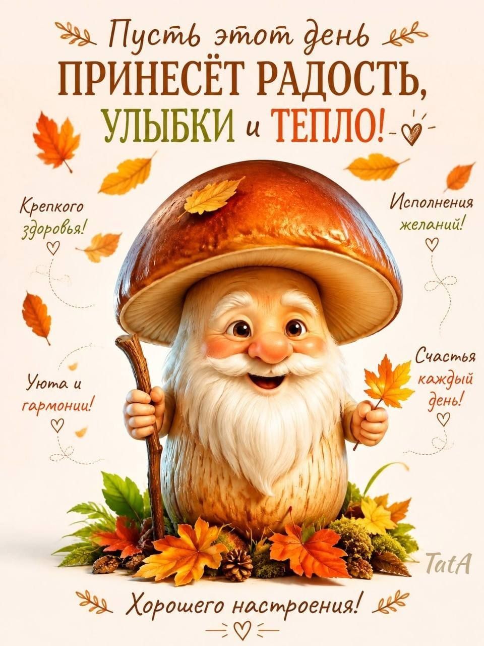 Пусть этот день принесёт радость, улыбки и тепло! Крепкого здоровья! Исполнения желаний! Уюта и гармонии! Счастья каждый день! Хорошего настроения!
