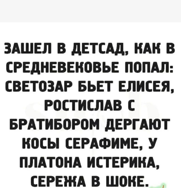 ЗАШЕЛ В ДЕТСАД, КАК В СРЕДНЕВЕКОВЬЕ ПОПАЛ: СВЕТОЗАР БЬЕТ ЕЛИСЕЯ, РОСТИСЛАВ С БРАТИБОРОМ ДЕРГАЮТ КОСЫ СЕРАФИМЕ, У ПЛАТОНА ИСТЕРИКА, СЕРЕЖА В ШОКЕ.