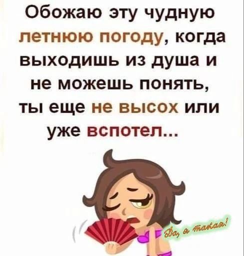 Обожаю эту чудную летнюю погоду, когда выходишь из душа и не можешь понять, ты еще не высох или уже вспотел... Да, я такая!