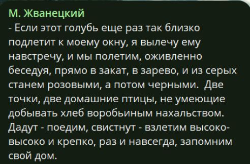 М. Жванецкий - Если этот голубь еще раз так близко подлетит к моему окну, я вылечу ему навстречу, и мы полетим, оживленно беседуя, прямо в закат, в зарево, и из серых станем розовыми, а потом черными. Две точки, две домашние птицы, не умеющие добывать хлеб воробьиным нахальством. Дадут - поедим, свистнут - взлетим высоко-высоко и крепко, раз и