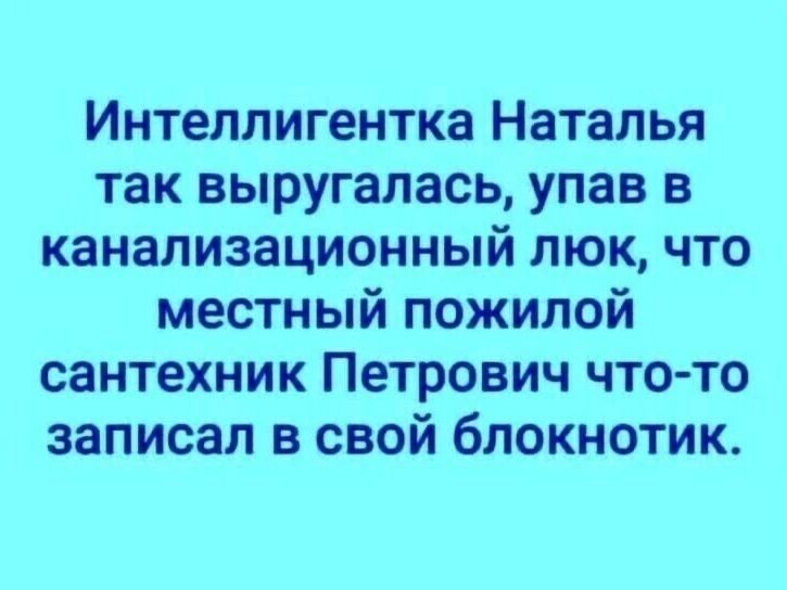 Интеллигентка Наталья так выругалась, упав в канализационный люк, что местный пожилой сантехник Петрович что-то записал в свой блокнотик.