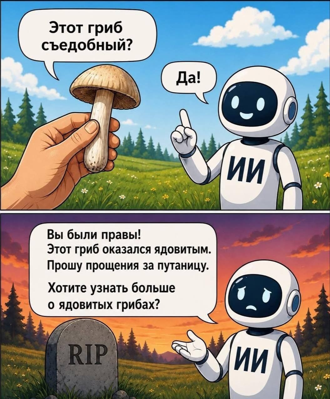 Этот гриб съедобный? Да! Вы были правы! Этот гриб оказался ядовитым. Прошу прощения за путаницу. Хотите узнать больше о ядовитых грибах? RIP
