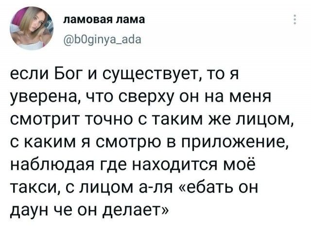 ламовая лама @b0ginya_ada если Бог и существует, то я уверена, что сверху он на меня смотрит точно с таким же лицом, с каким я смотрю в приложение, наблюдая где находится моё такси, с лицом а-ля «ебать он даун че он делает»