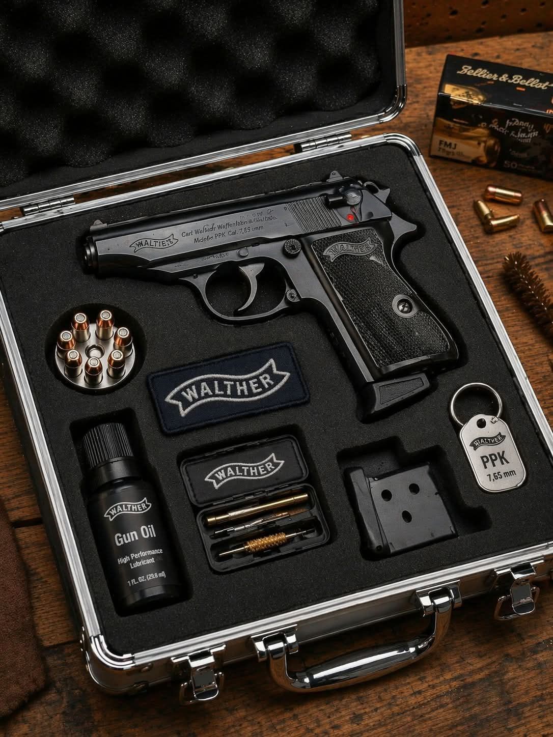 WALTHER Carl Walther Waffenfabrik Ulm/Do. Made in PPK Cal. 7,65 mm Gun Oil High Performance Lubricant 1 FL. OZ. (29.6 ml) Sellier & Bellot FMJ 50 PPK 7,65 mm