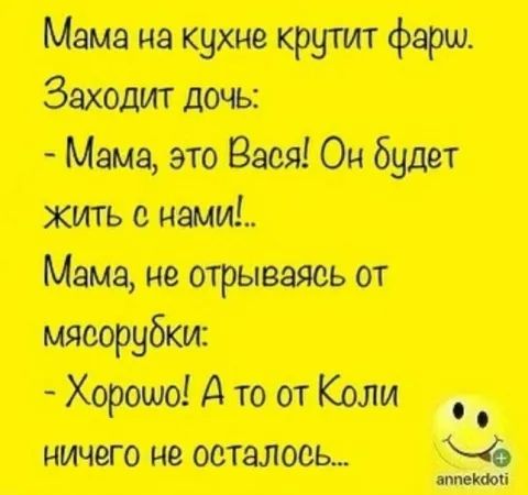 Мама на кухне крутит фарш. Заходит дочь: - Мама, это Вася! Он будет жить с нами!.. Мама, не отрываясь от мясорубки: - Хорошо! А то от Коли ничего не осталось...