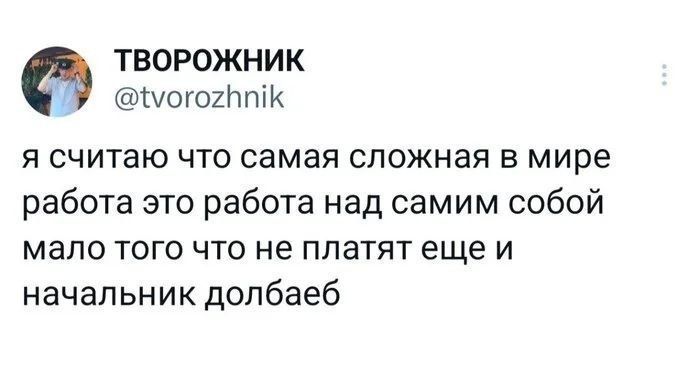 я считаю что самая сложная в мире работа это работа над самим собой мало того что не платят еще и начальник долбаеб