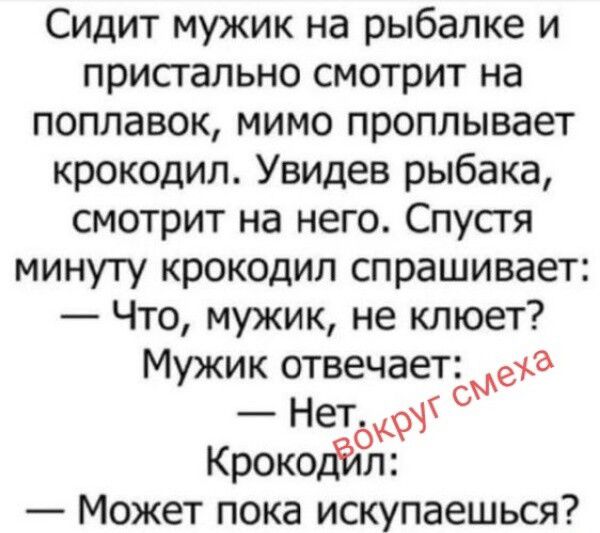 Сидит мужик на рыбалке и пристально смотрит на поплавок, мимо проплывает крокодил. Увидев рыбака, смотрит на него. Спустя минуту крокодил спрашивает: — Что, мужик, не клюет? Мужик отвечает: — Нет. Крокодил: — Может пока искупаешься?