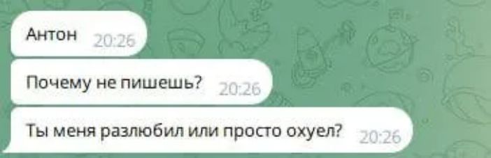 Антон 20:26 Почему не пишешь? 20:26 Ты меня разлюбил или просто охуел? 20:26