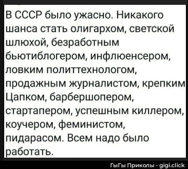 В СССР было ужасно. Никакого шанса стать олигархом, светской шлюхой, безработным бьютиблогером, инфлюенсером, ловким политтехнологом, продажным журналистом, крепким Цапком, барбершопером, стартапером, успешным киллером, коучером, феминистом, пидарасом. Всем надо было работать. ГыГы Приколы - gigi.click